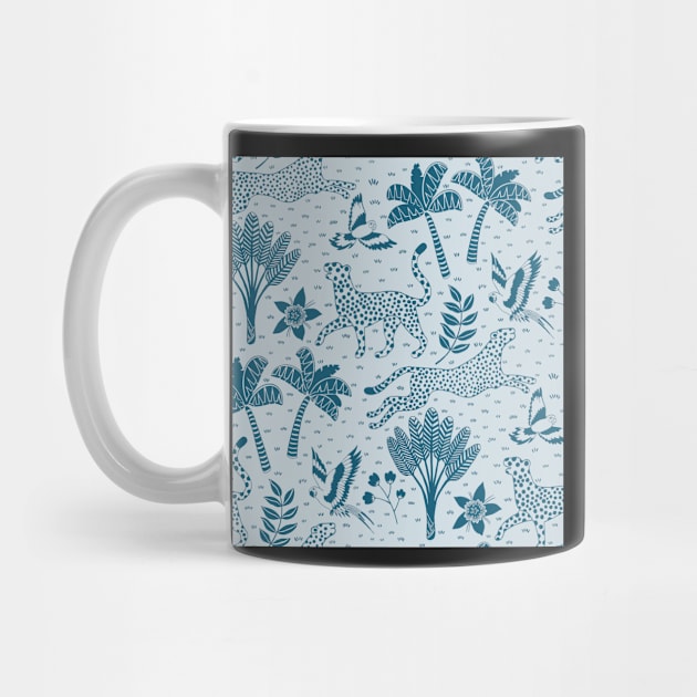 cheetahs and parrots in the jungle | blue monochrome | repeat pattern by colorofmagic